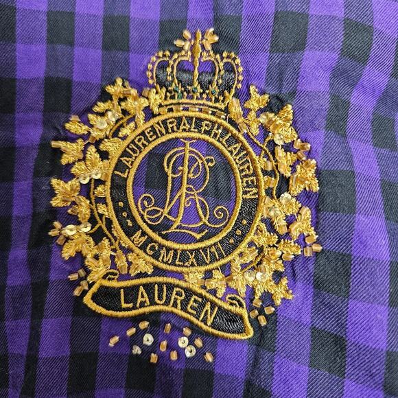 Lauren Ralph Lauren Purple and Black Gingham Checked Button Up Gold Crested M - Picture 3 of 7
